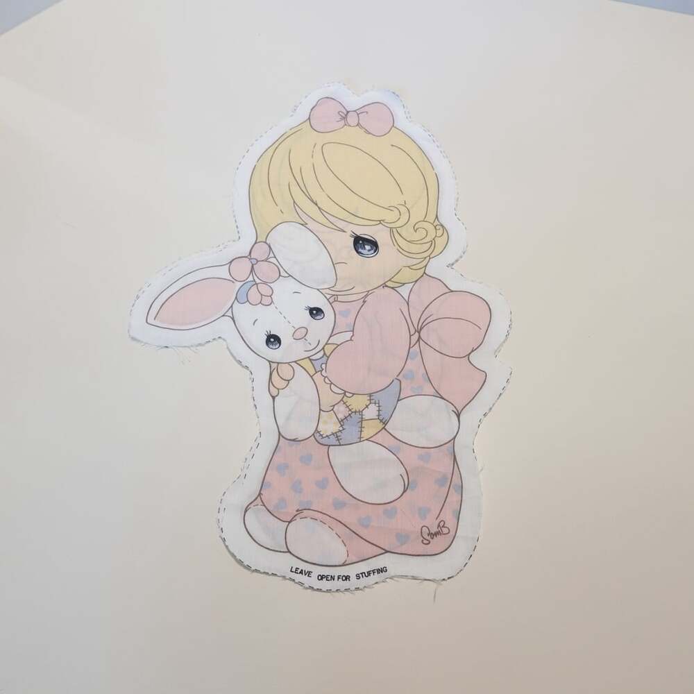 VTG 1985 Precious Moments Girl with Bunny Cut and Sew Pillow Doll Fabric Panel